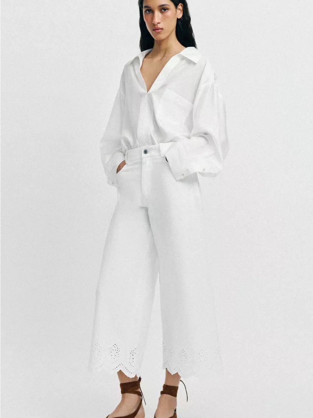 Zara Embroidered Eyelet Cutwork Culottes Wide Leg Pants White S